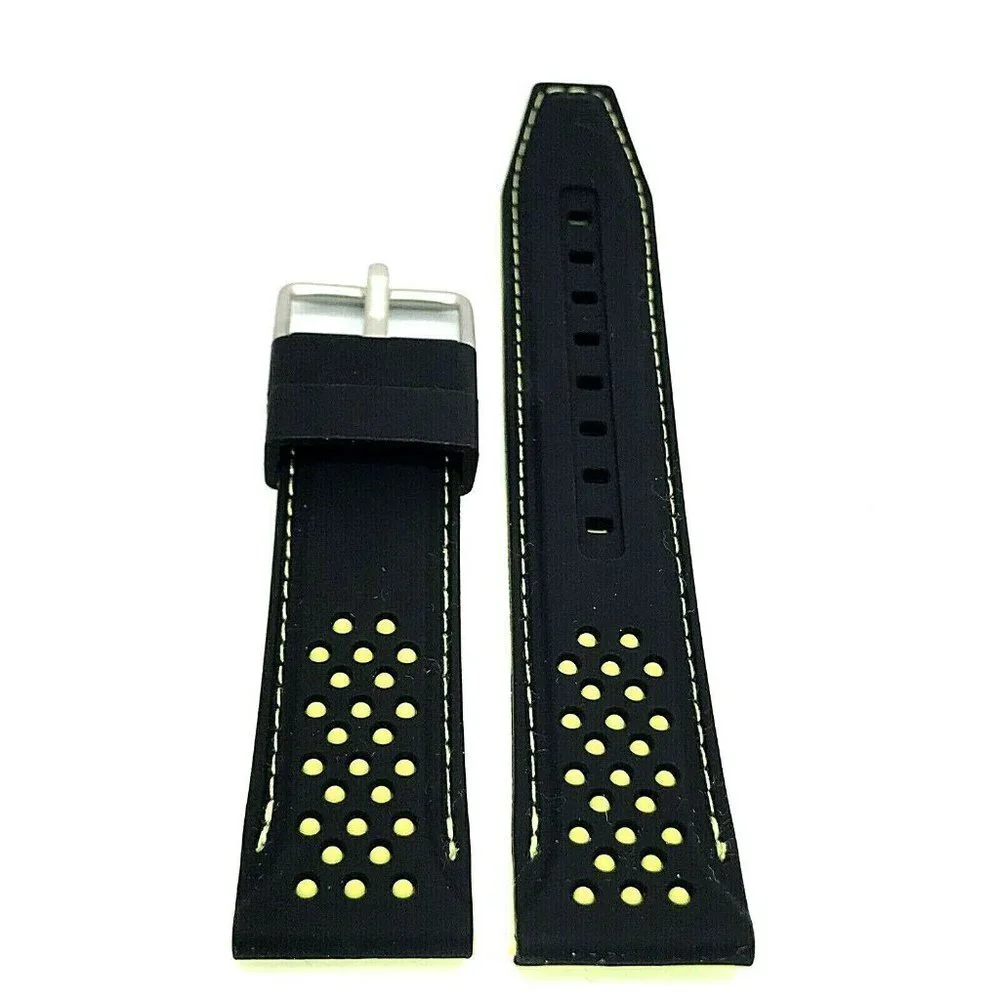 Mens Watch Band Replacement Black Yellow Rubber Strap 22mm Lug Silver Bu…